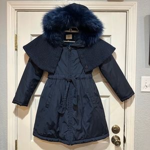 Catimini Disney Paris Mary Poppings Navy Winter Jacket Hood Faux Fur Trim Sz 10